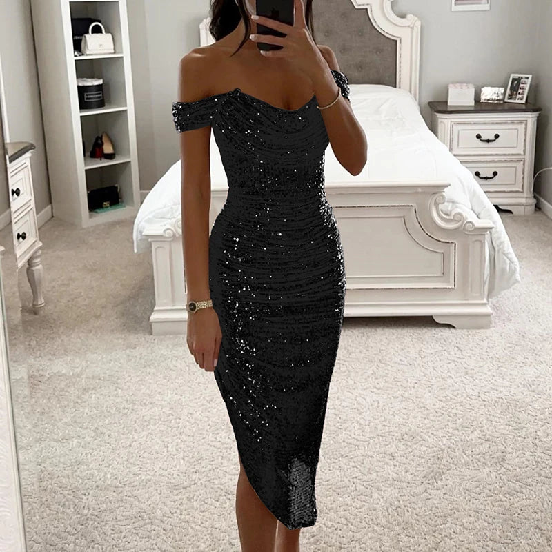 Parlak Asimetrik Uzun Parti Elbisesi - Tek Omuzlu Bodycon Model