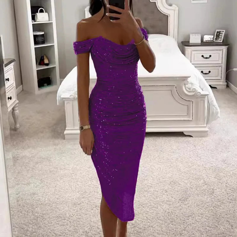 Parlak Asimetrik Uzun Parti Elbisesi - Tek Omuzlu Bodycon Model
