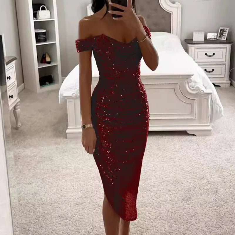 Parlak Asimetrik Uzun Parti Elbisesi - Tek Omuzlu Bodycon Model