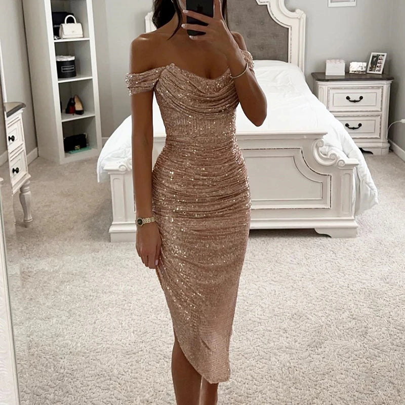 Parlak Asimetrik Uzun Parti Elbisesi - Tek Omuzlu Bodycon Model