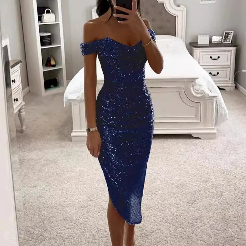 Parlak Asimetrik Uzun Parti Elbisesi - Tek Omuzlu Bodycon Model